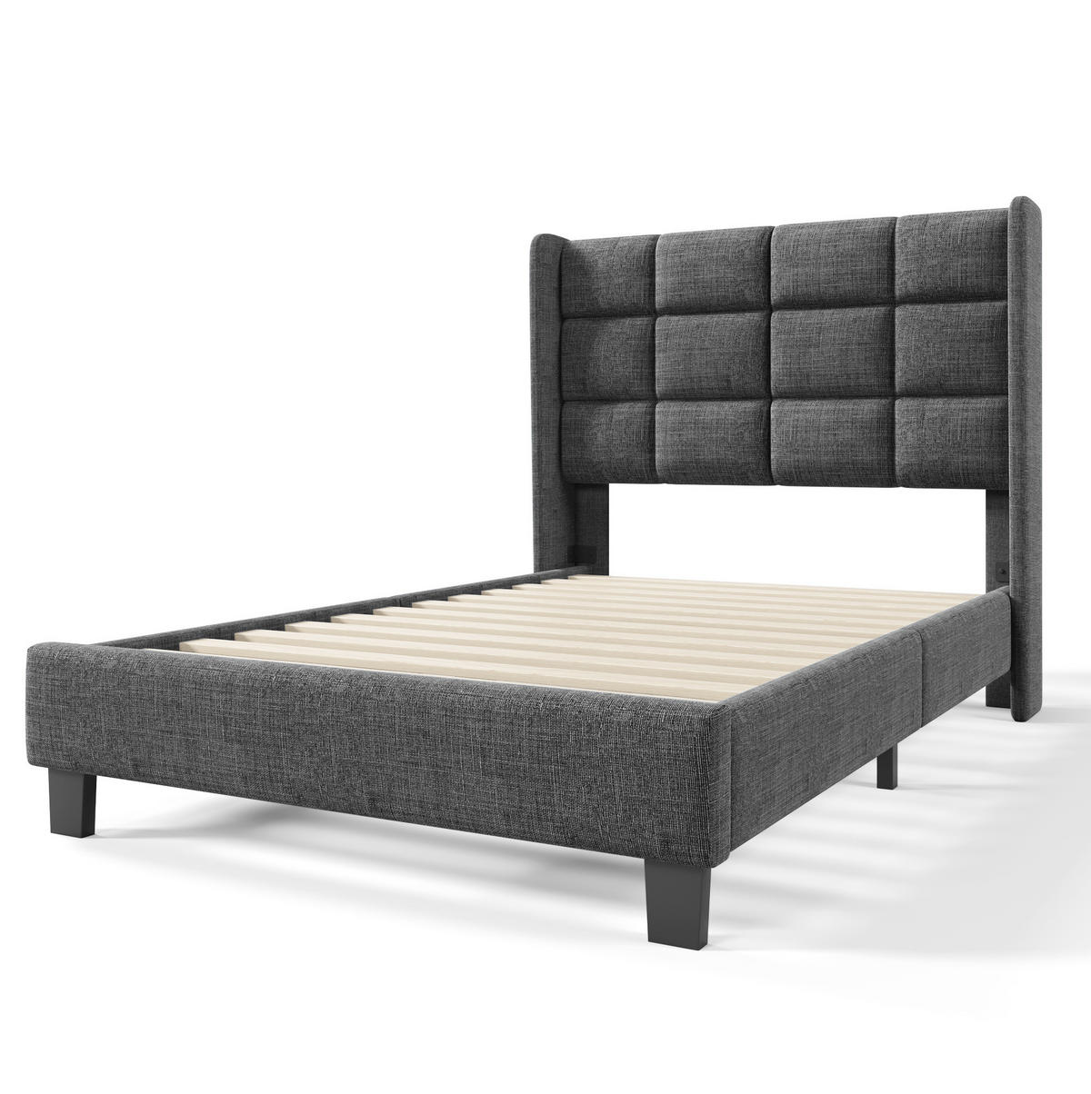 TAPECIRANI krevet 90/200 cm sivi od lana s uzglavljem i letvičastom podnicom - siva, tekstil (90/200cm) - OKWISH