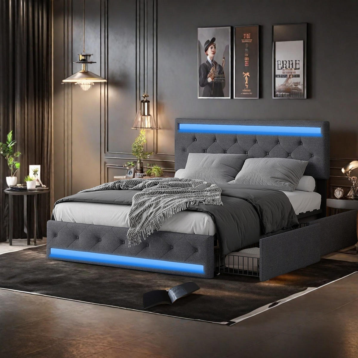 DOPPELBETT 180x200cm grau leinen led usb typ-c schubladen - Dunkelgrau, Metall - SHOPENTRA