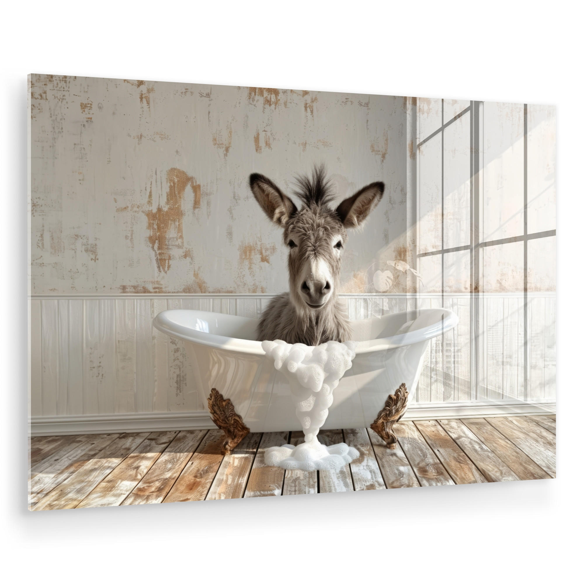 ACRYLGLASBILD Esel - Tiere - Badewanne - Schaumstoff 60x40 cm - Weiß, Glas (60/40cm) - MuchoWow
