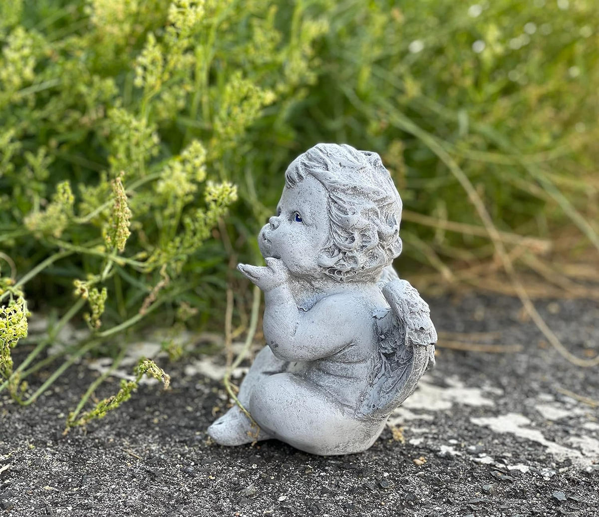 STEINFIGUR kleiner Engel Kussmund frostfest Steinguss - Grau, Stein (11/14/11cm) - stoneandstyle