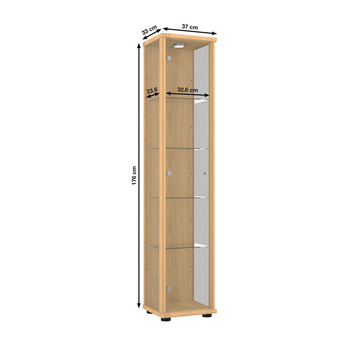 K-Möbel GLASVITRINE 33/37/176 cm mit LED & 4 höhenverstellbaren 