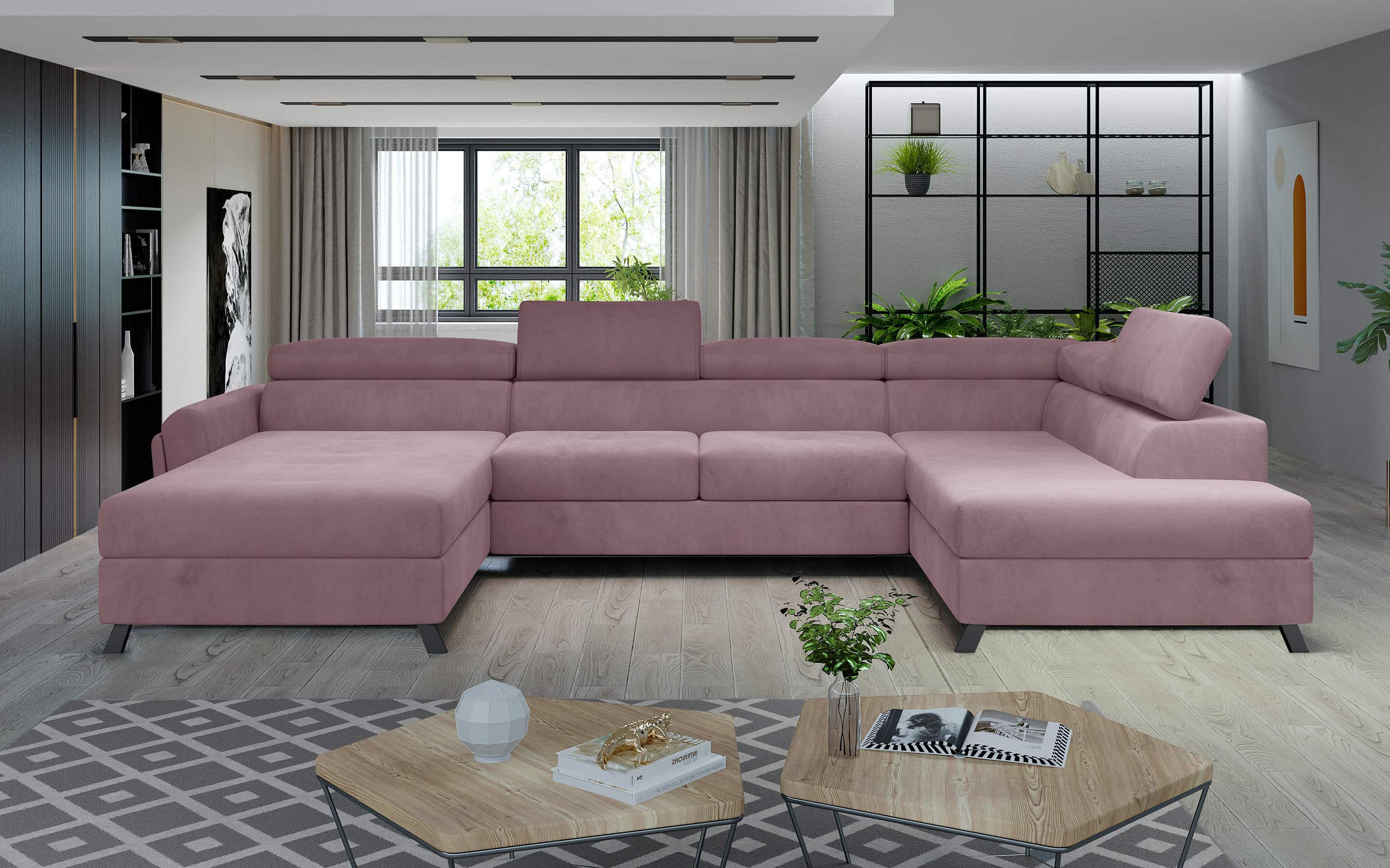 WOHNLANDSCHAFT mit Schlaffunktion und Bettkasten - Schwarz/Rosa, Textil/Metall (200/98/370cm) - Eltap
