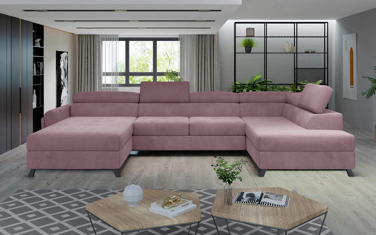 WOHNLANDSCHAFT mit Schlaffunktion und Bettkasten - Schwarz/Rosa, Textil/Metall (200/98/370cm) - Eltap