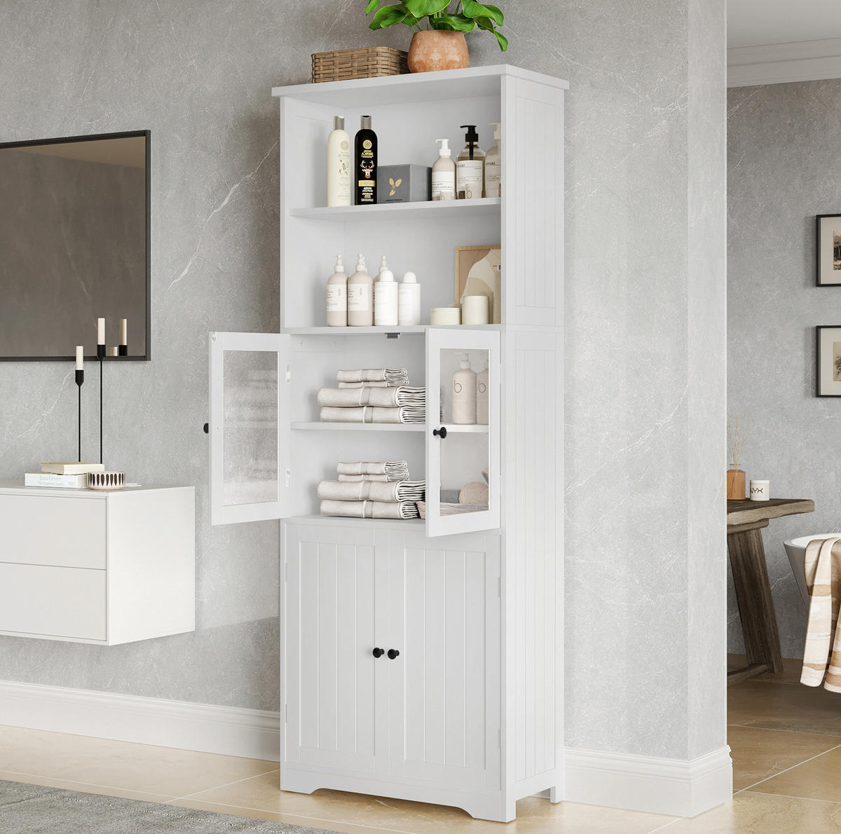HIGHBOARD 57,5/28,5/160 cm in Weiß mit Glastüren und offenen Fächern - Weiß, Holzwerkstoff (57.4/160/28.5cm) - BEAOK