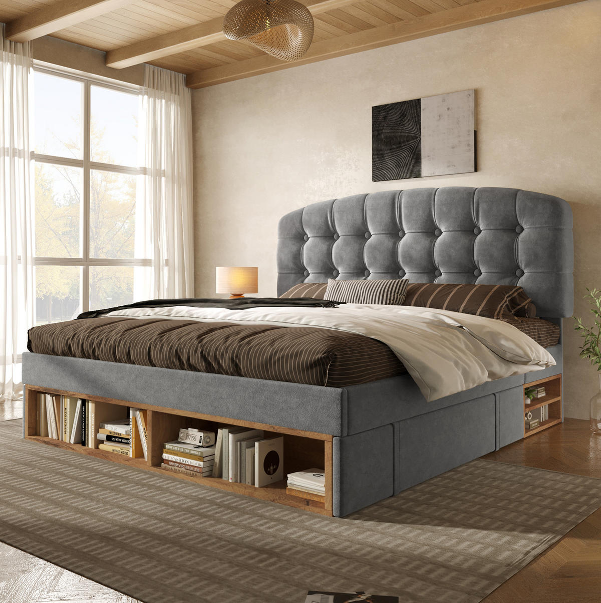 BETT mit Schubladen und Stauraum 90x200 cm Samt Grau - Grau, Metall (90/200cm) - Meubliv
