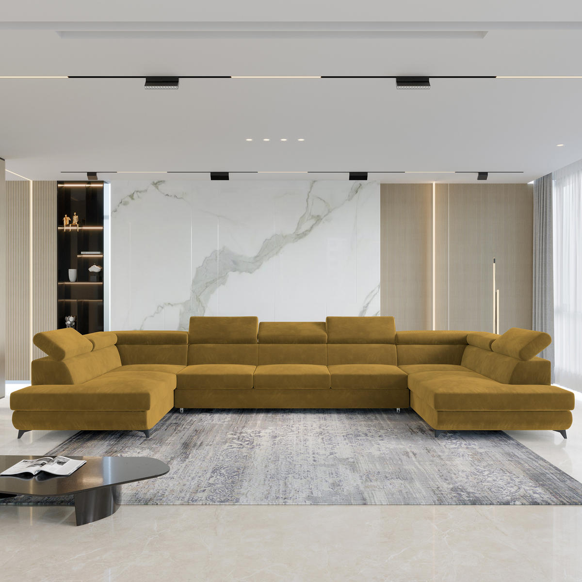 ROHOVÁ SEDAČKA URMANO žlutá - černá/žlutá, kov/dřevo (395/190cm) - MASSENO