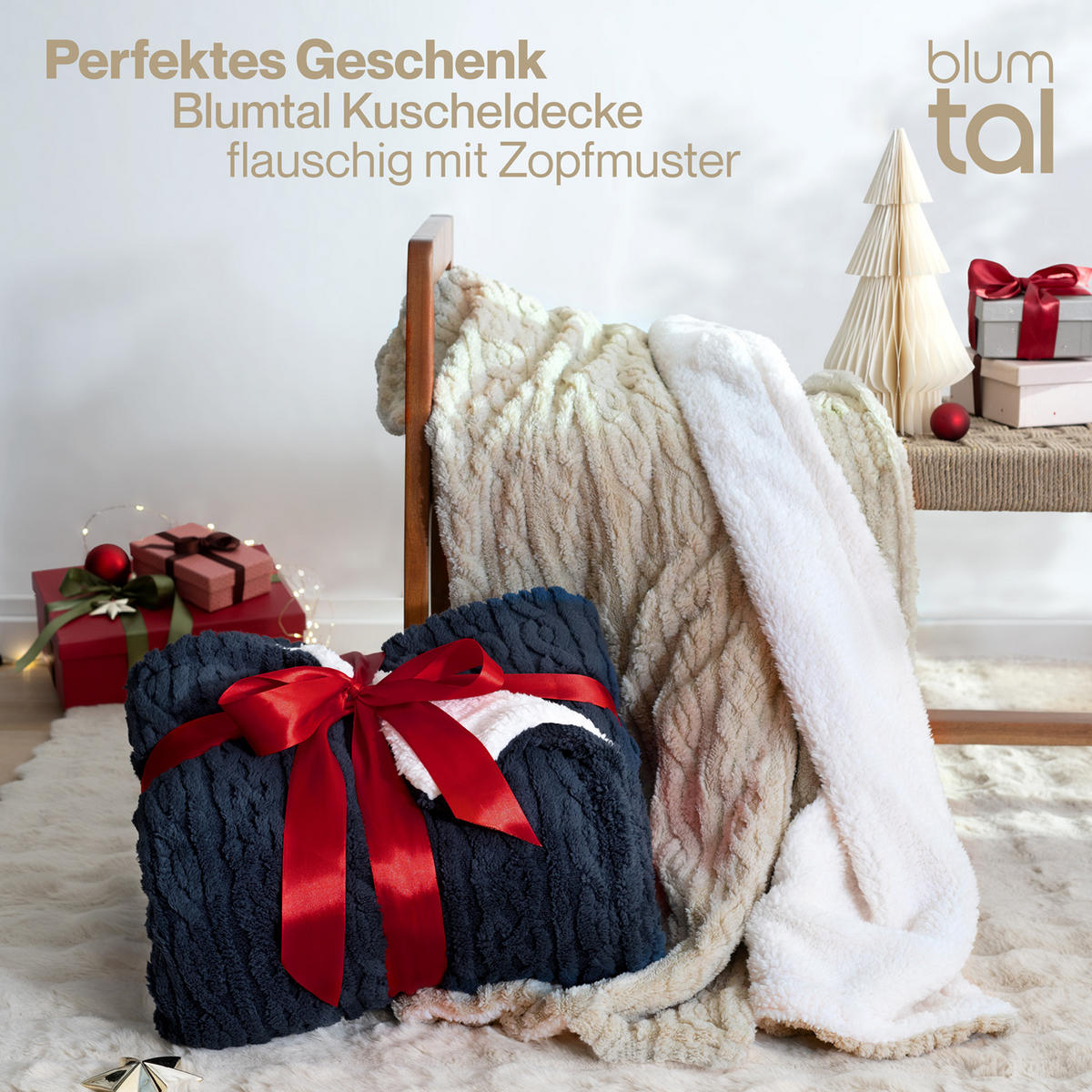 KUSCHELDECKE 230/270 cm, Dunkelblau & Beige - Dunkelblau/Sonoma Eiche, Textil (230/270cm) - Blumtal