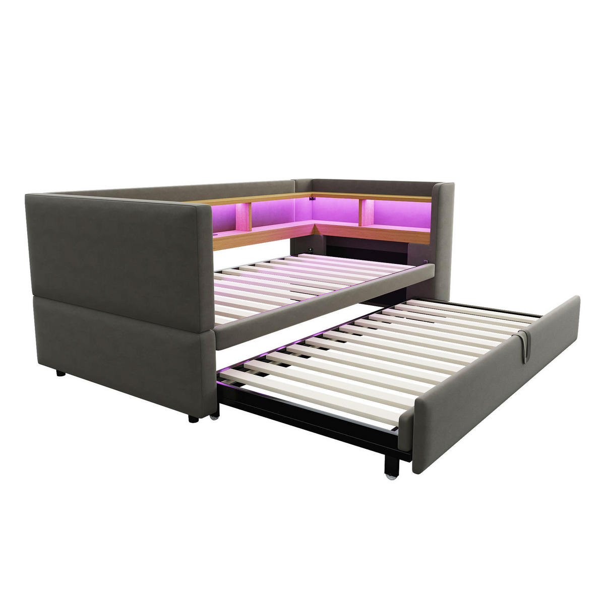 POLSTERBETT 90/180/190 cm Dunkelgrau aus Flanell mit LED-Beleuchtung und Steckdosen - Dunkelgrau, Textil (90/190cm) - OKMYHOME