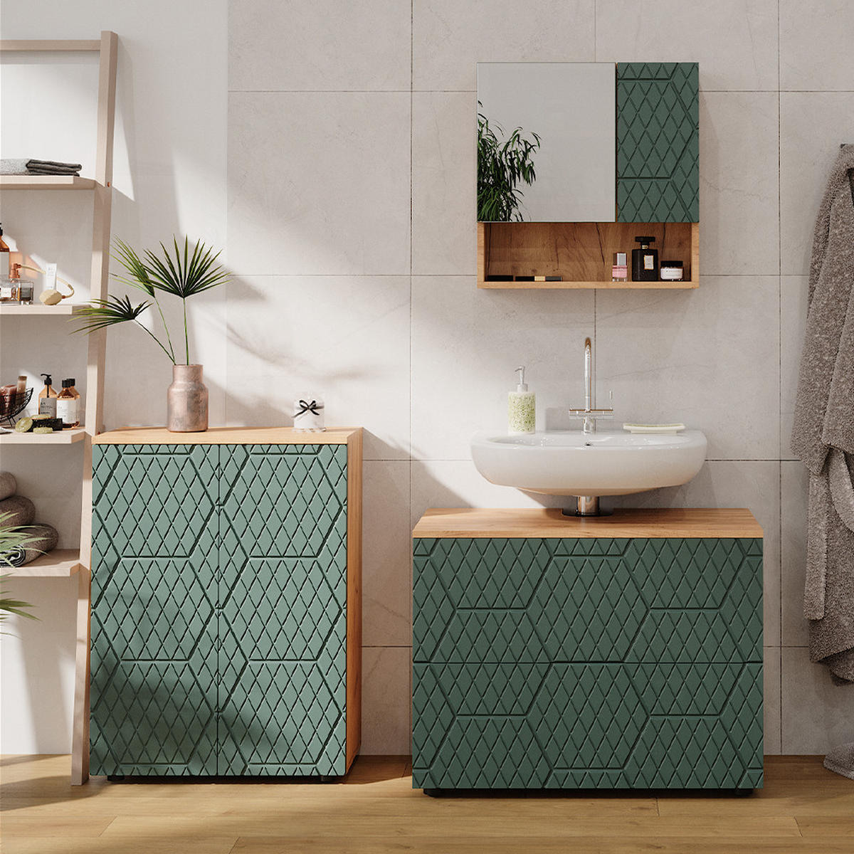 BADSPIEGELSCHRANK Irma Grün/Goldkraft Eiche 54 x 55 cm - Eiche Wotan/Grün, Holzwerkstoff (54/55/16.9cm) - Vicco
