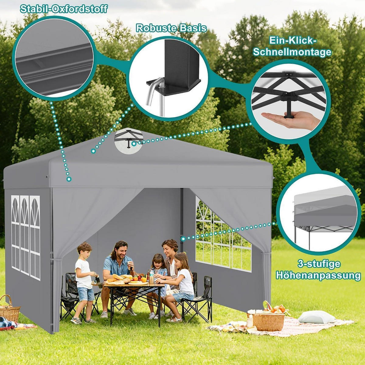 FALTPAVILLON 2,5 x 2,5 m Silbergrau mit Seitenwänden - Grau, Textil (250/260/250cm)
