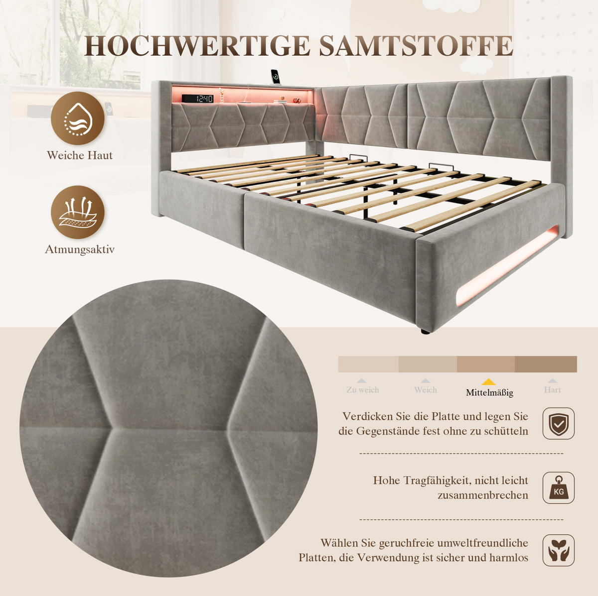 POLSTERBETT 140x200 cm in Dunkelgrau mit Bettkasten, LED-Beleuchtung und USB/Type-C - Dunkelgrau, Metall (140/200cm) - IVMEU