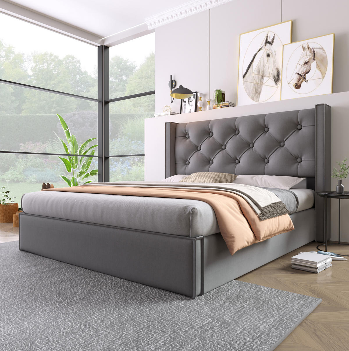 POLSTERBETT mit Bettkasten 140x200 cm Baumwolle Grau - Grau, Metall (140/200cm) - Beauniv