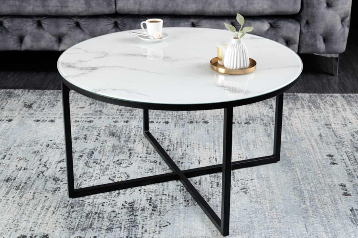 COUCHTISCH BOUTIQUE Marmor rund Weiß 80cm - Schwarz/Weiß, Glas/Metall (80/80/45cm) - riess-ambiente