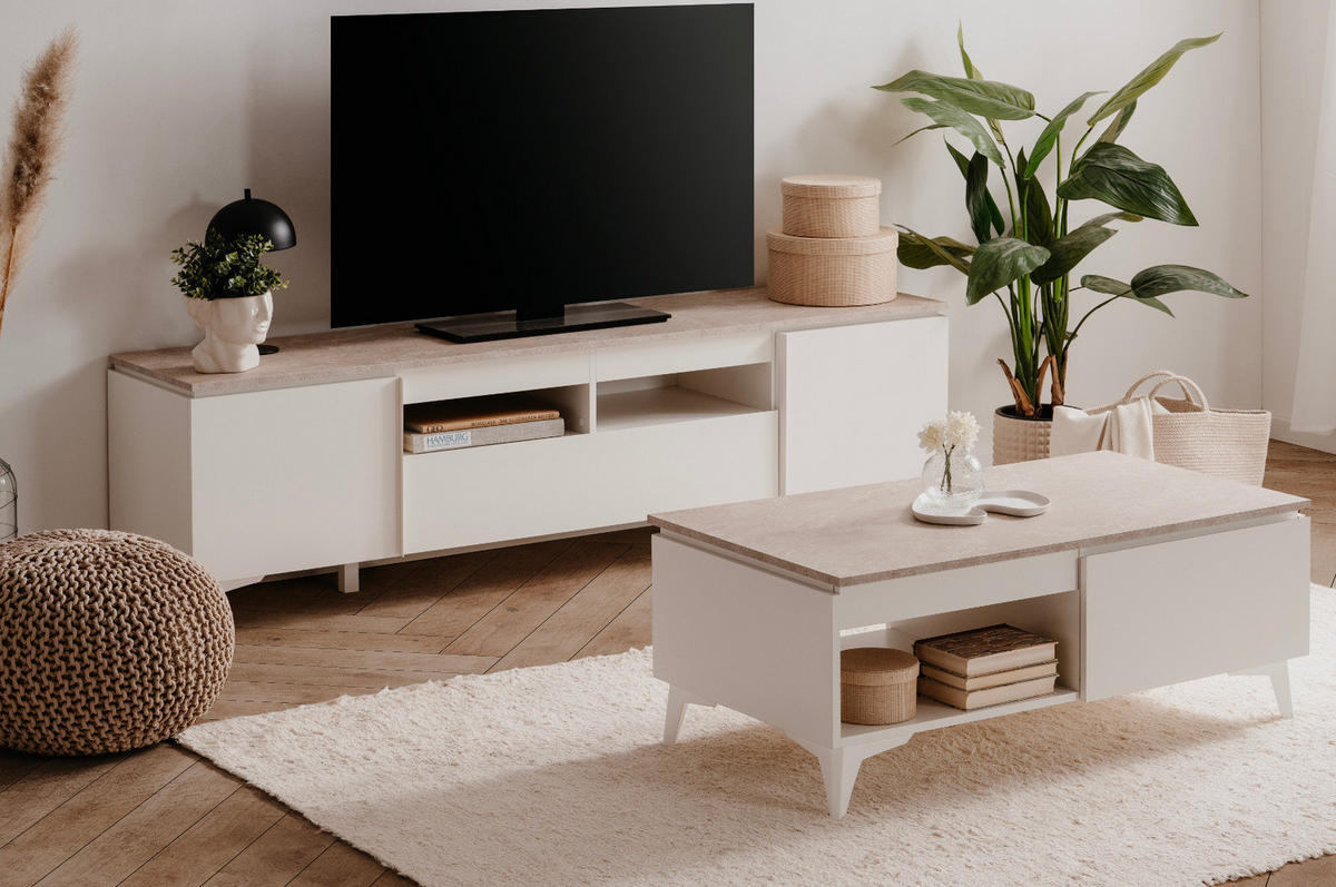 SIDEBOARD weiß, Sandstein 177 cm, Kommode 4-türig - Weiß, Holzwerkstoff/Kunststoff (177/92/40cm) - Furn.Design