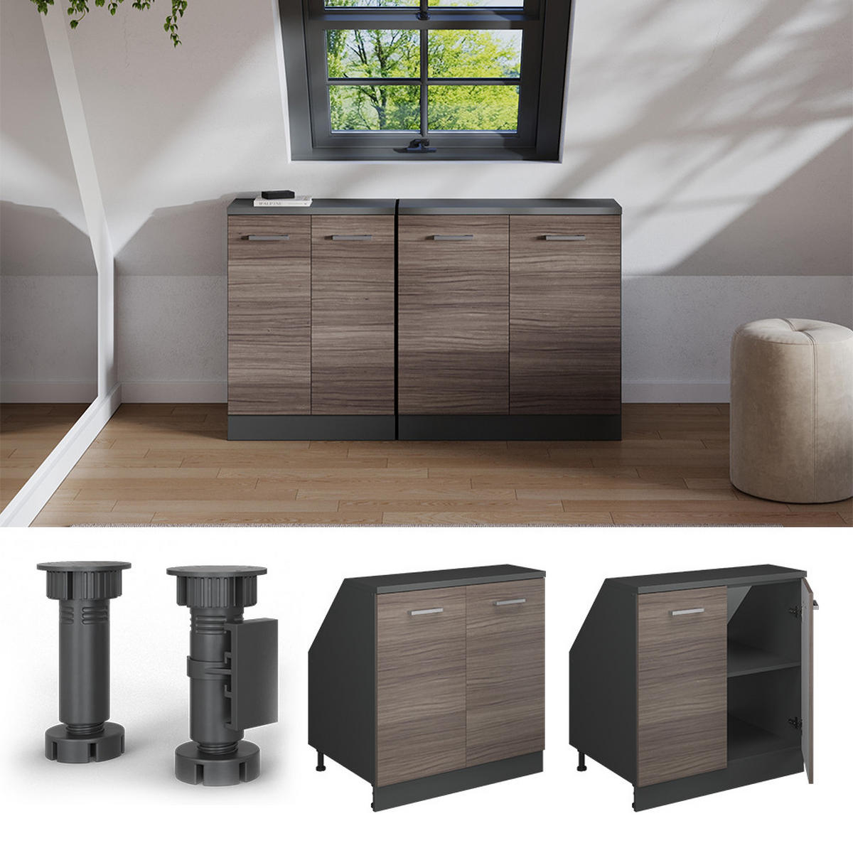 ORMARIĆ ZA KOSI KROV S VRATA Rion Plemenita Siva 80 x 81.6 cm s 2 vrata, korpus ormara dubine 60 cm - siva/antracit, drvni materijal (80/83.8/60cm) - Vicco
