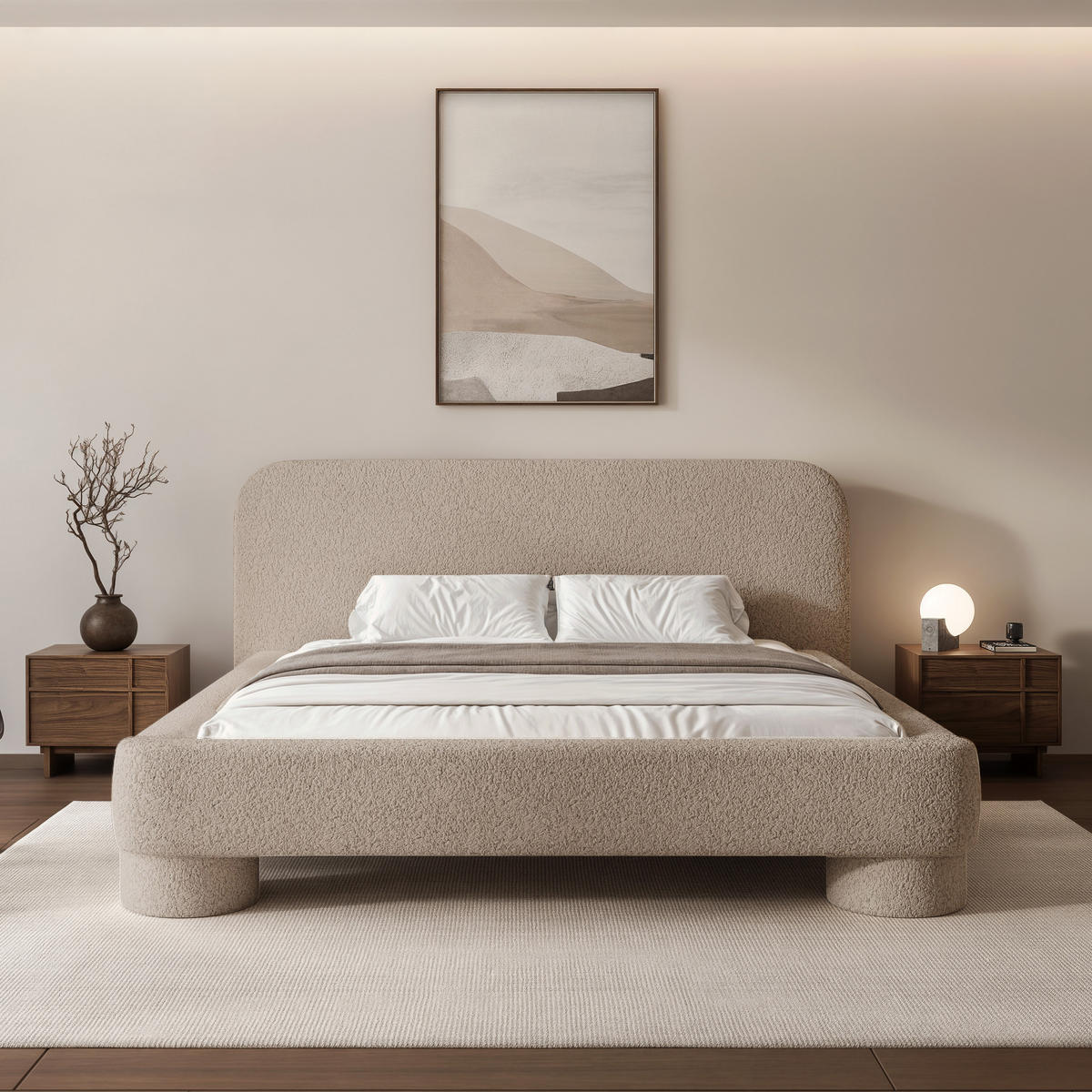 POLSTERBETT Frederico 140x200 cm Beige Bouclé – (Doppelbett mit Bettkasten, Lattenrost, rundes Kopfteil) - Beige, Holz/Holzwerkstoff (140/200cm) - Ravio
