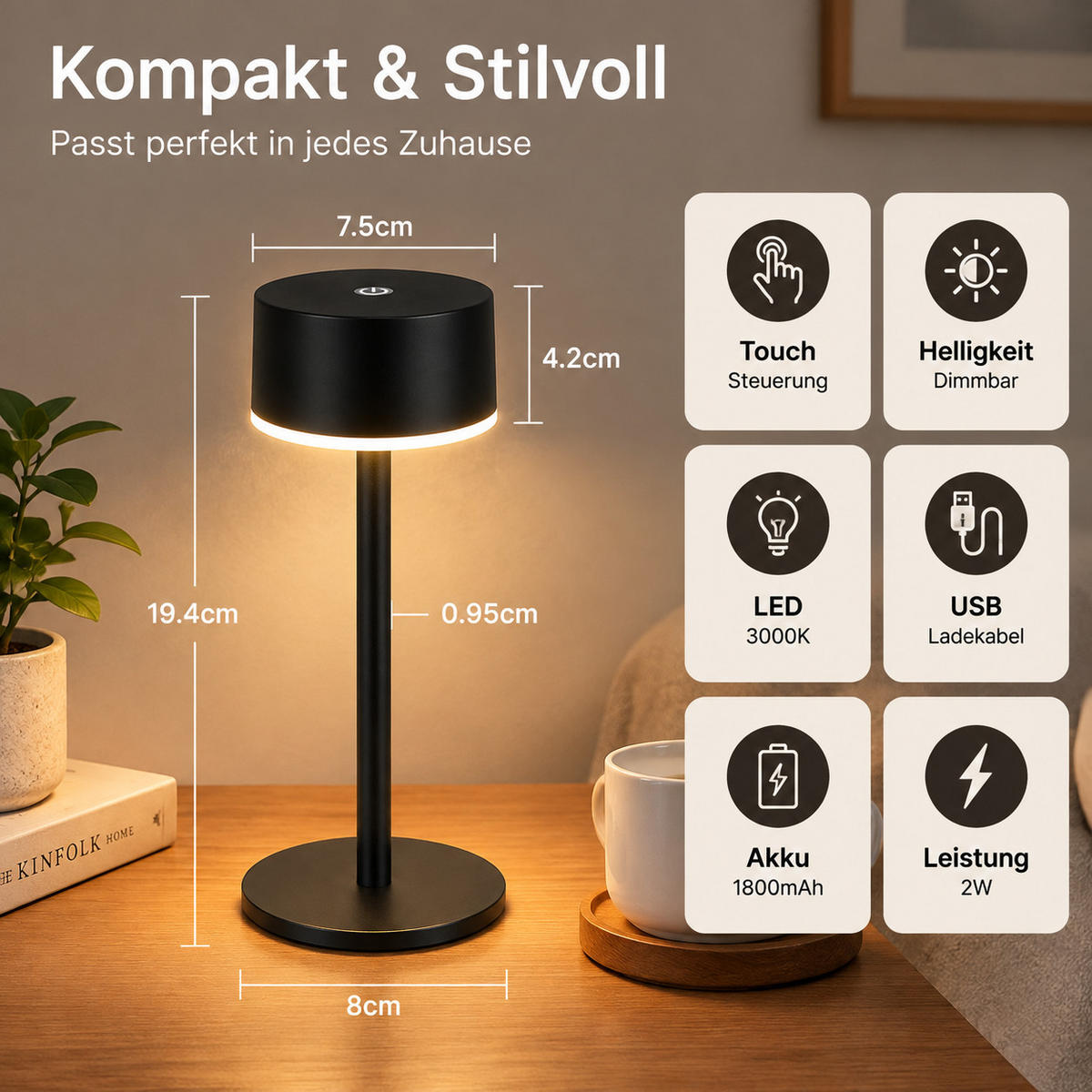 LED SVJETILJKA STOLNA Myvnal 7.5/7.5/19.4 CM - crna, metal/plastika (7.5/7.5/19.4cm) - ZMH