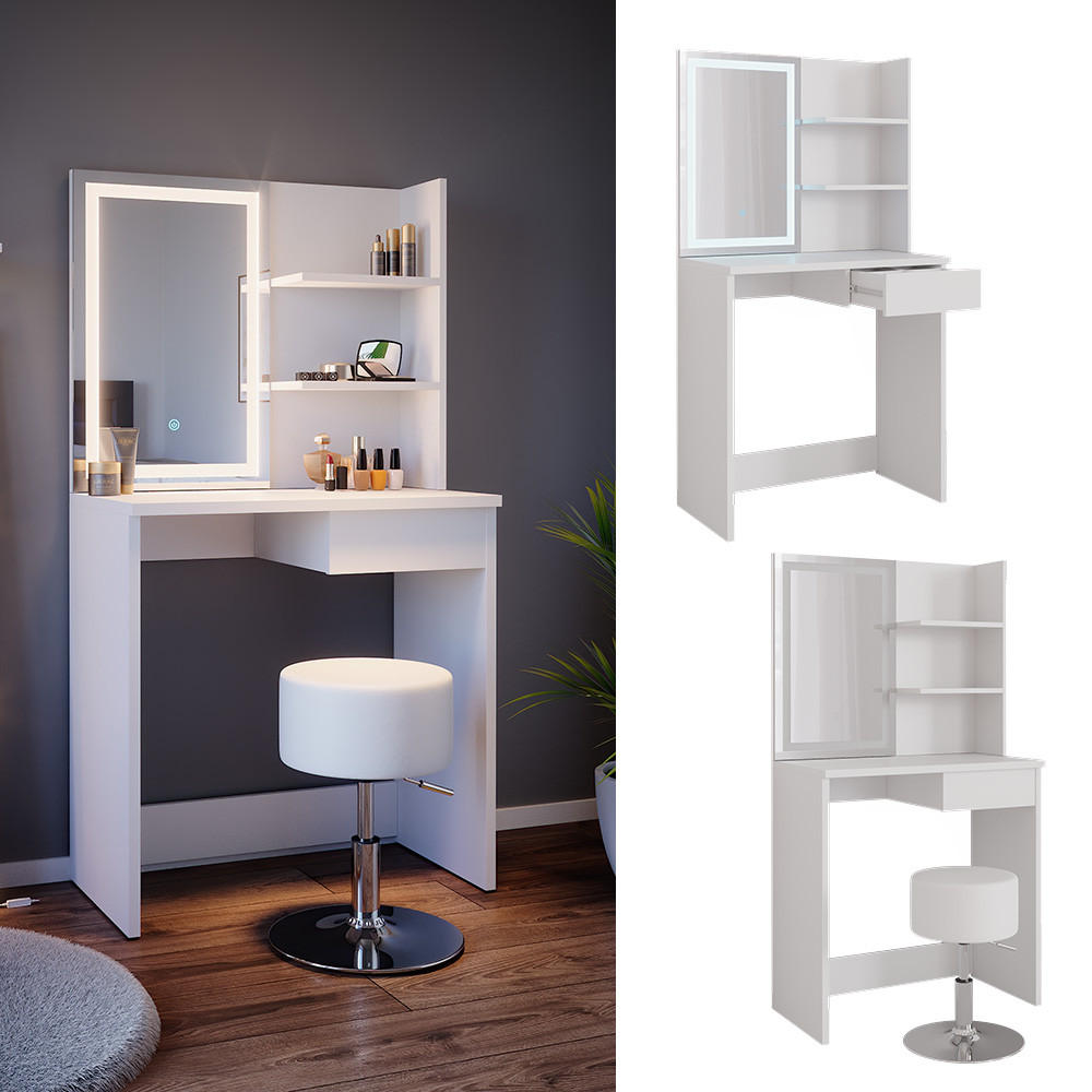 SCHMINKTISCH Dekos Weiß 75 cm mit LED-Spiegel und Hocker - Weiß, Holzwerkstoff (75/141/40cm) - Vicco