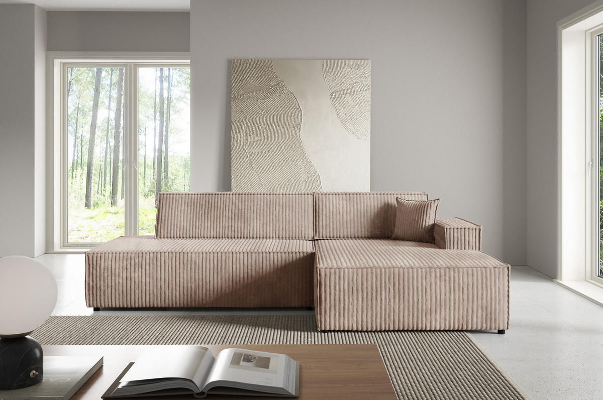 ECKSOFA TESSO R-S Braun Kordstoff mit Schlaffunktion - Braun, Holz (247/170cm) - MASSENO