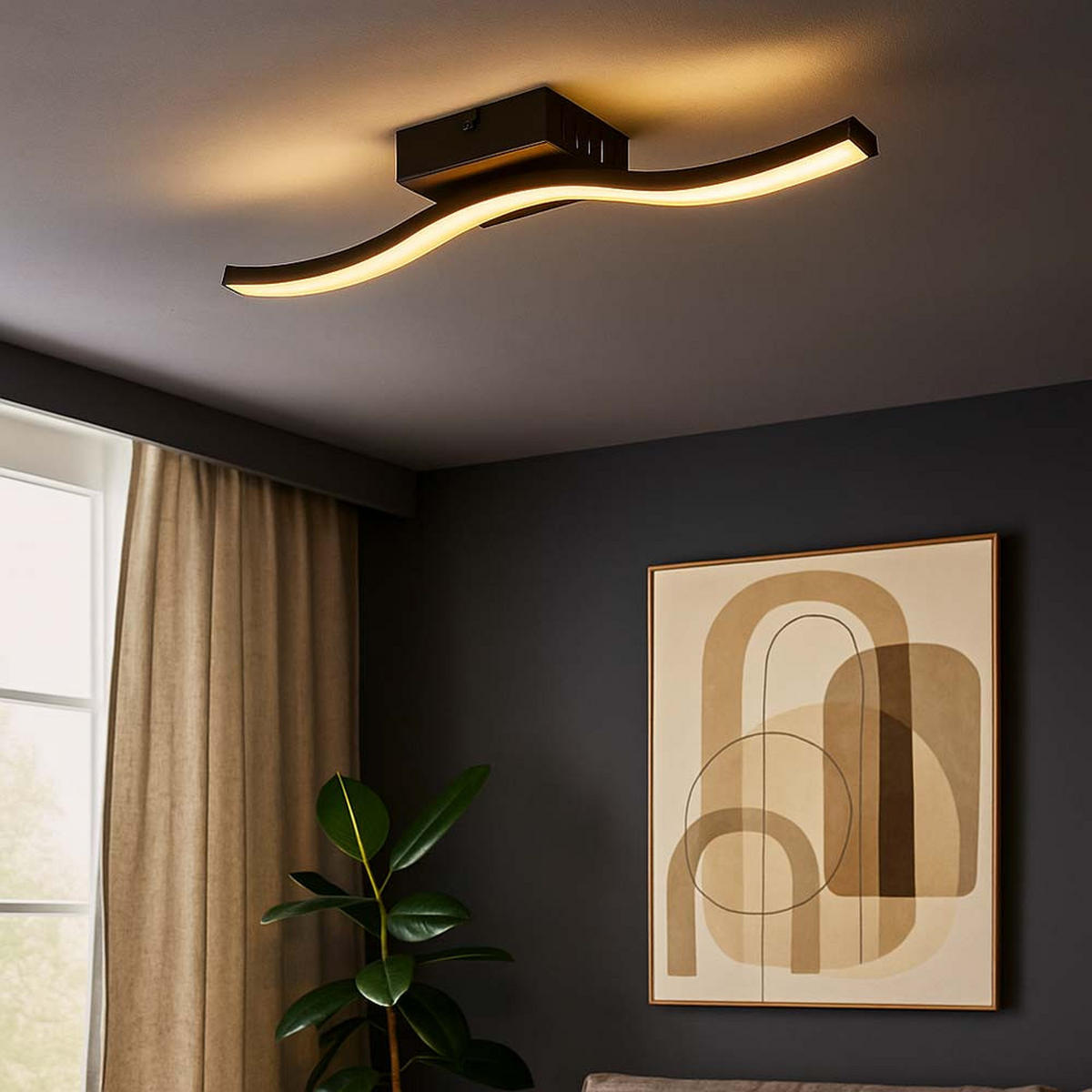 LED DECKENLEUCHTE Schwarz Opal gewellte Form - Schwarz, Kunststoff (34.3/7/6.4cm) - Globo Lighting