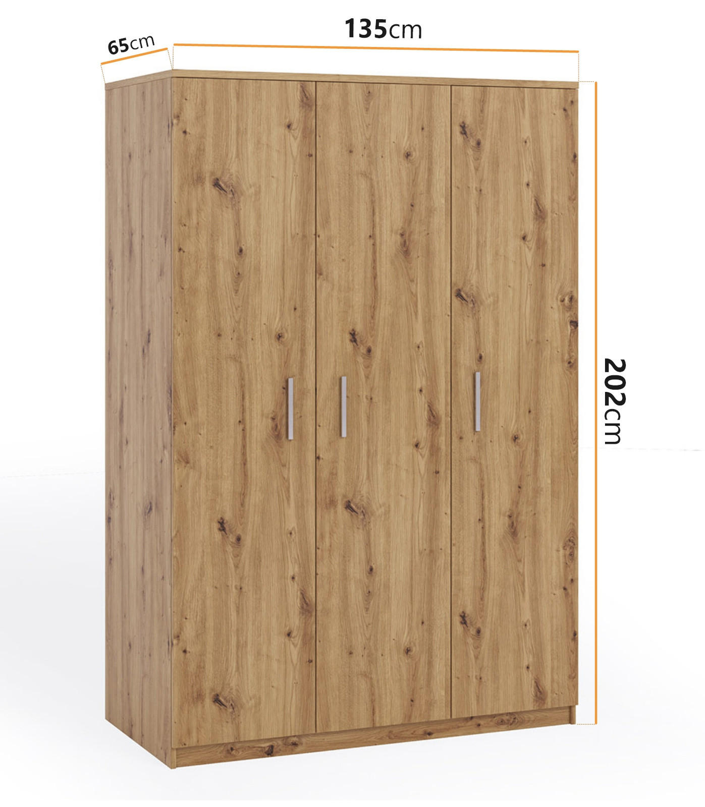 KLEIDERSCHRANK Tamiza 3-türig 135 cm breite - Silberfarben/Eiche Artisan, Holzwerkstoff/Kunststoff (135/202/65cm) - Ravio