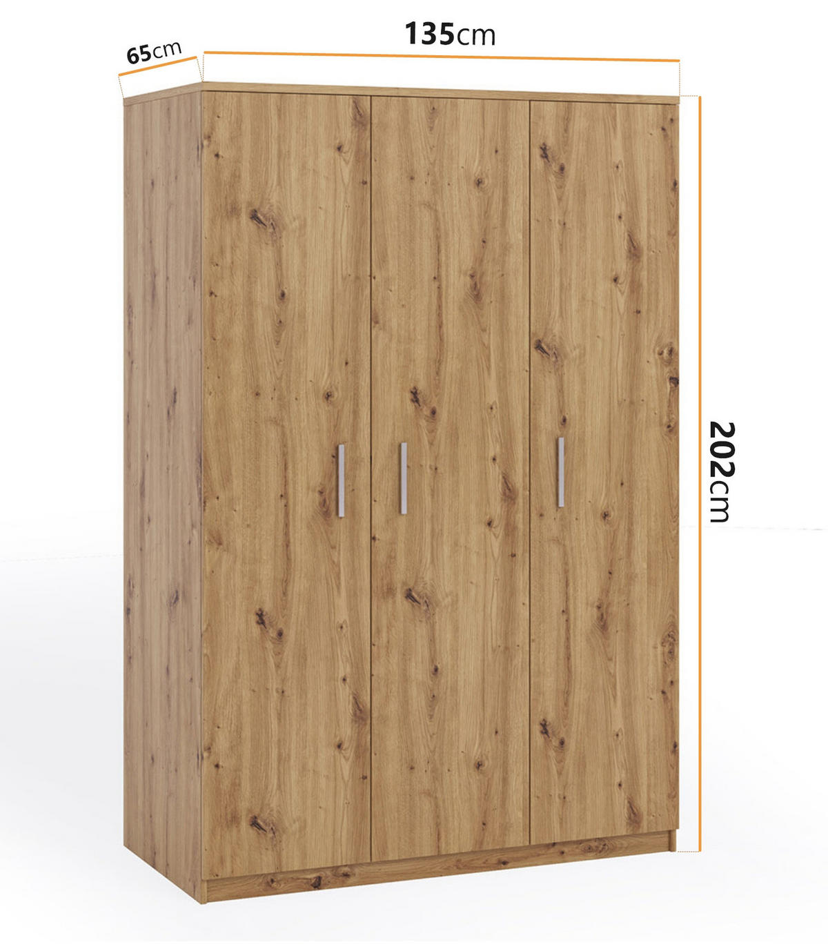 KLEIDERSCHRANK Tamiza 3-türig 135 cm breite - Silberfarben/Eiche Artisan, Holzwerkstoff/Kunststoff (135/202/65cm) - Ravio