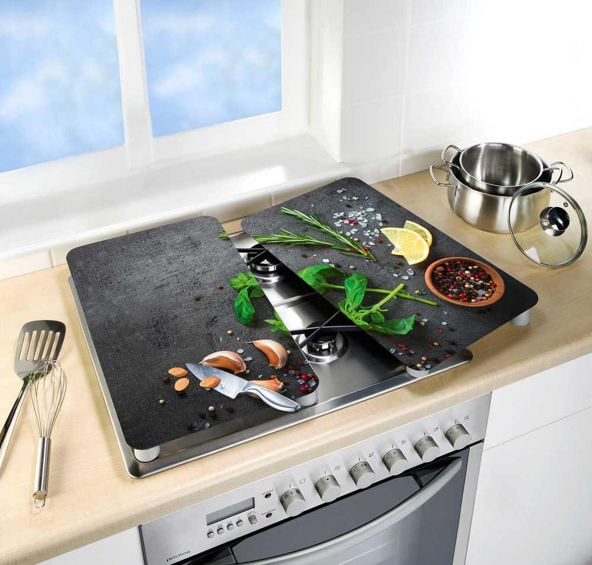 HERDABDECKPLATTEN 2er-Set Herbs - Schwarz, Glas (30/5.5/52cm) - Wenko