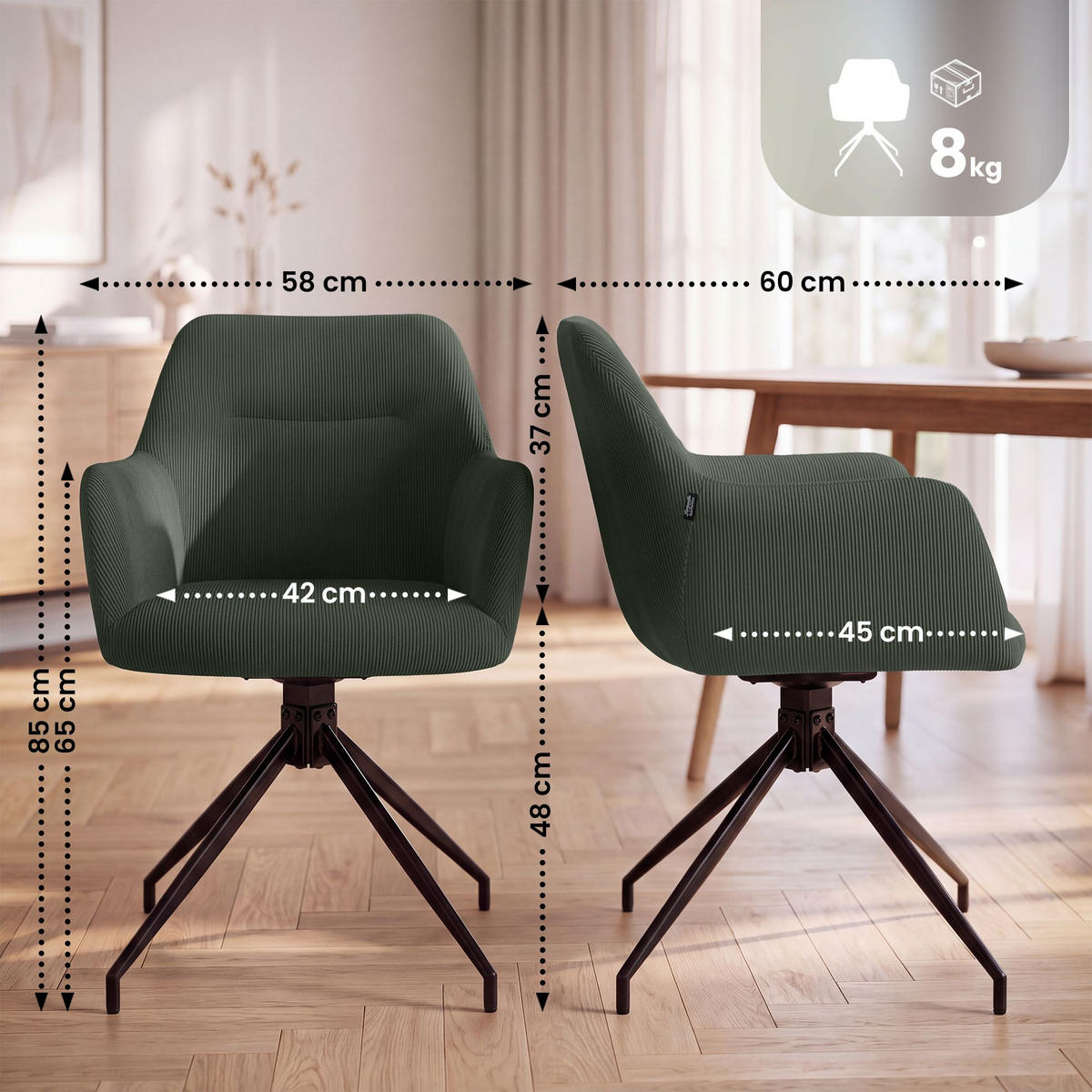 ESSZIMMERSTUHL Cord Grün - Schwarz/Grün, Textil/Metall (58/85/60cm) - CLP