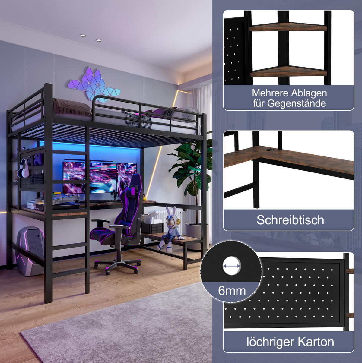HOCHBETT 90/200 cm schwarz aus Metall mit LED und Schreibtisch - Schwarz, Metall (90/200cm) - OKWISH