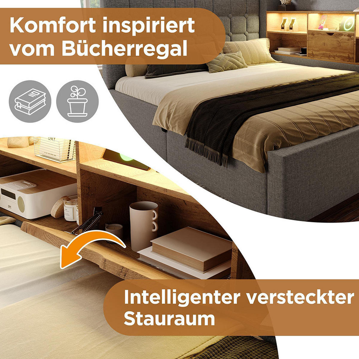 POLSTERBETT 90x200 cm mit Ausziehbett in Grau - Grau, Textil (90/200cm) - KOMHTOM