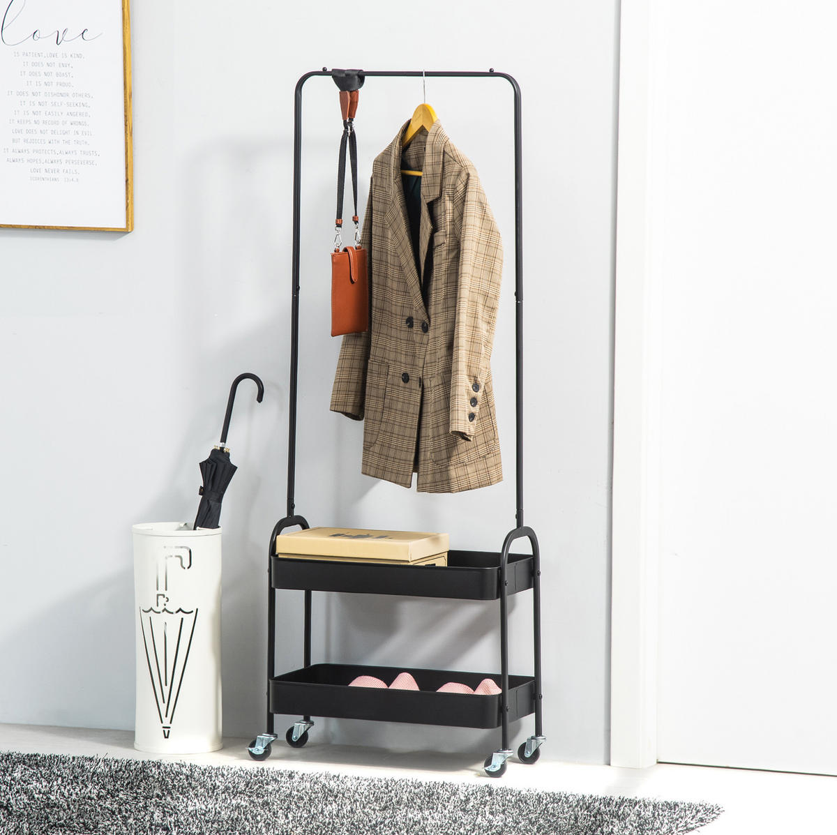 STANDGARDEROBE mit Kleiderstange und 2 Schuhablagen, 56,5/31,5/152,5 cm - Schwarz, Metall (56.5/152.5/31.5cm) - BEAOK