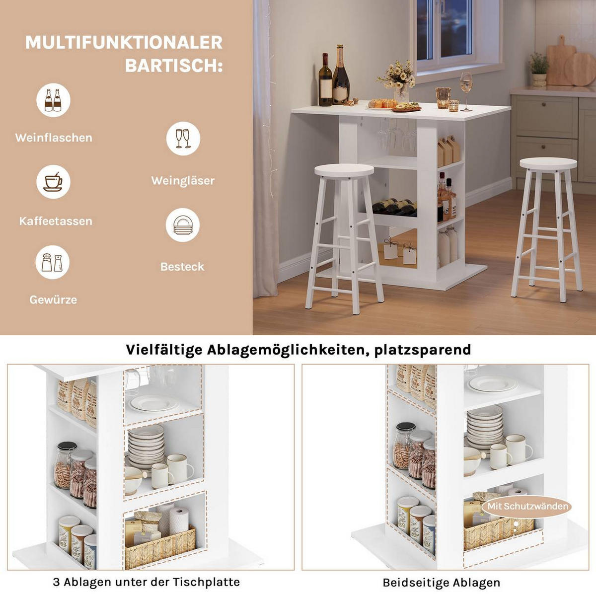 BARTISCH mit Stauraum, seitlichen Ablagen, Weiß - Weiß, Keramik/Holzwerkstoff (105/94/68cm) - Woltu