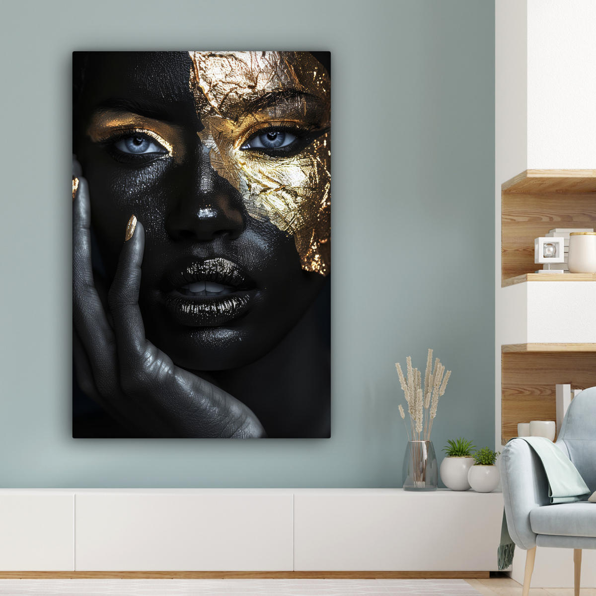 LEINWANDBILD Frau - Gold - Porträt - Schwarz-Weiß - Luxus Deko XXL 80x120 cm - Hellblau, Textil (80/120cm) - MuchoWow