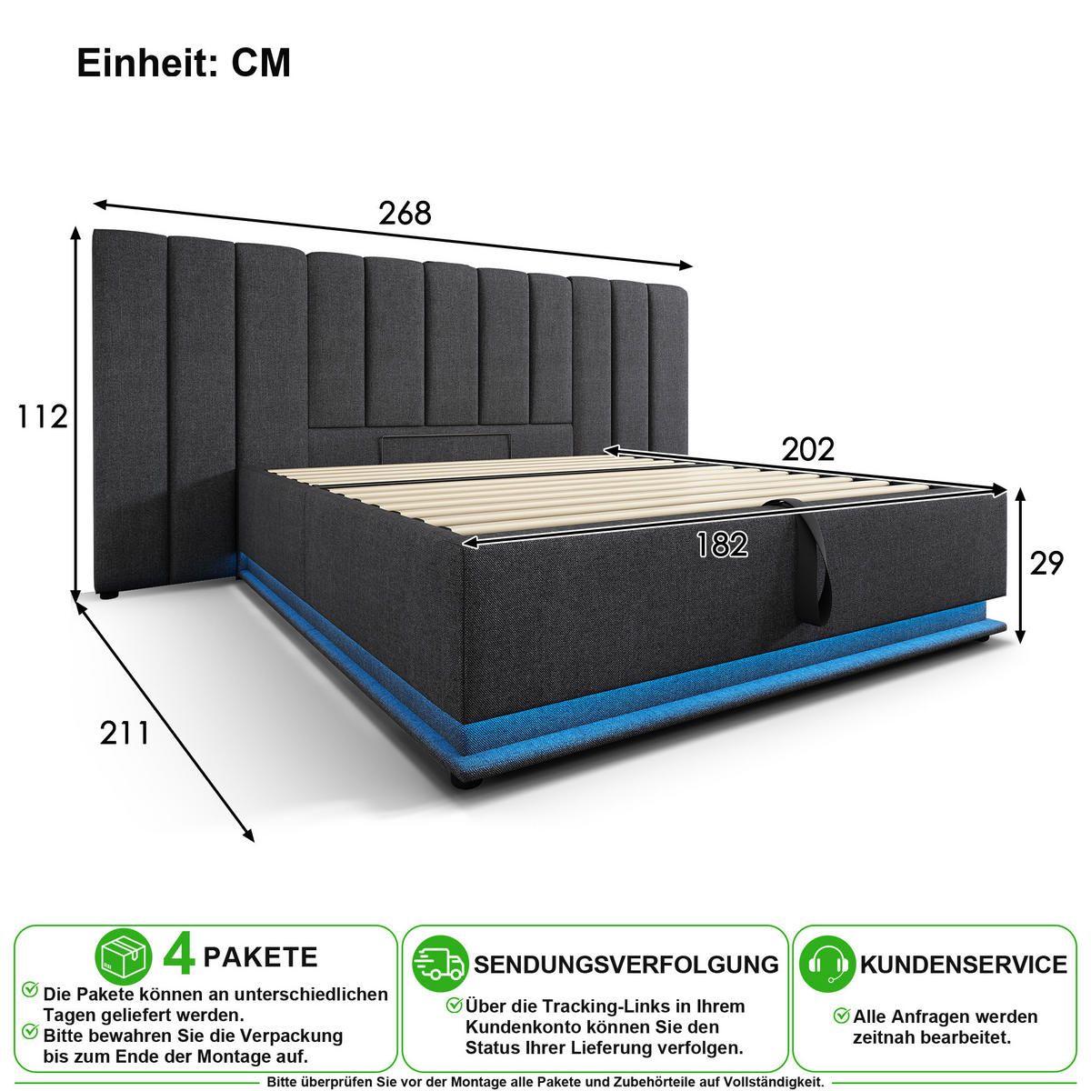 ČALOUNĚNÁ POSTEL 180/200 cm v šedé barvě s úložným prostorem, LED a USB-C - šedá, kov/kompozitní dřevo (180/200cm) - CHICFURN
