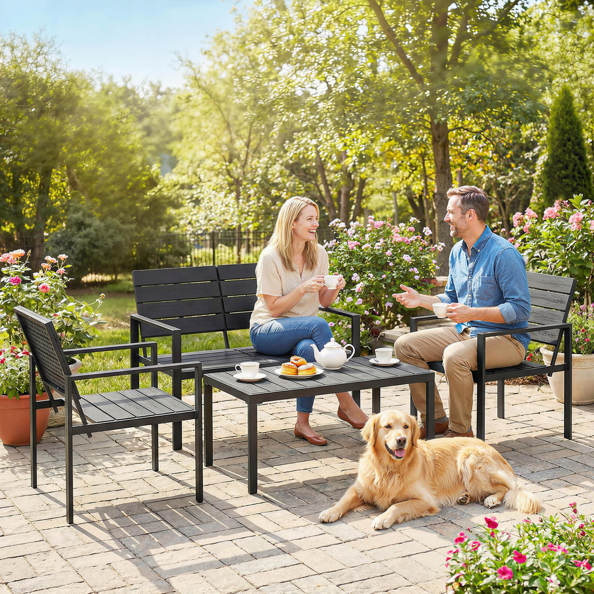 GARTENMÖBEL SET DE-06592, 2er Sofa, 2 Sessel, Beistelltisch, Lamellendesign Schwarz - Schwarz, Metall - ComfortXL