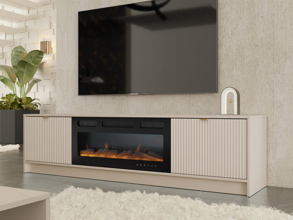 TV-LOWBOARD Tireno EF mit Elektrische Kamin - Sandfarben/Goldfarben, Holzwerkstoff/Metall (182/48/40cm) - MIRJAN24