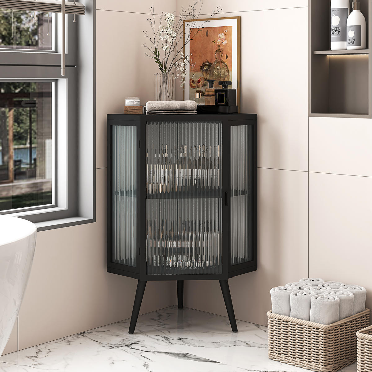 ECKSCHRANK 56/42,5/80 cm, Schwarz, mit Glastüren und Ablageböden - Schwarz, Glas/Holzwerkstoff (56/80/42.5cm) - CHICFURN