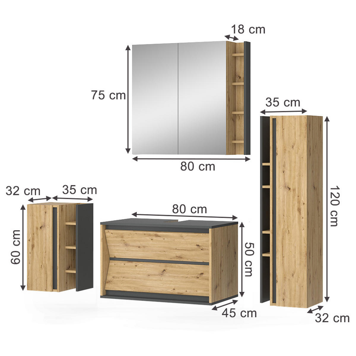 BADMÖBEL-SET Edelin, Anthrazit/Artisan-Eiche, 4-teilig - Anthrazit/Eiche Artisan, Holzwerkstoff (80/50/45cm) - Vicco
