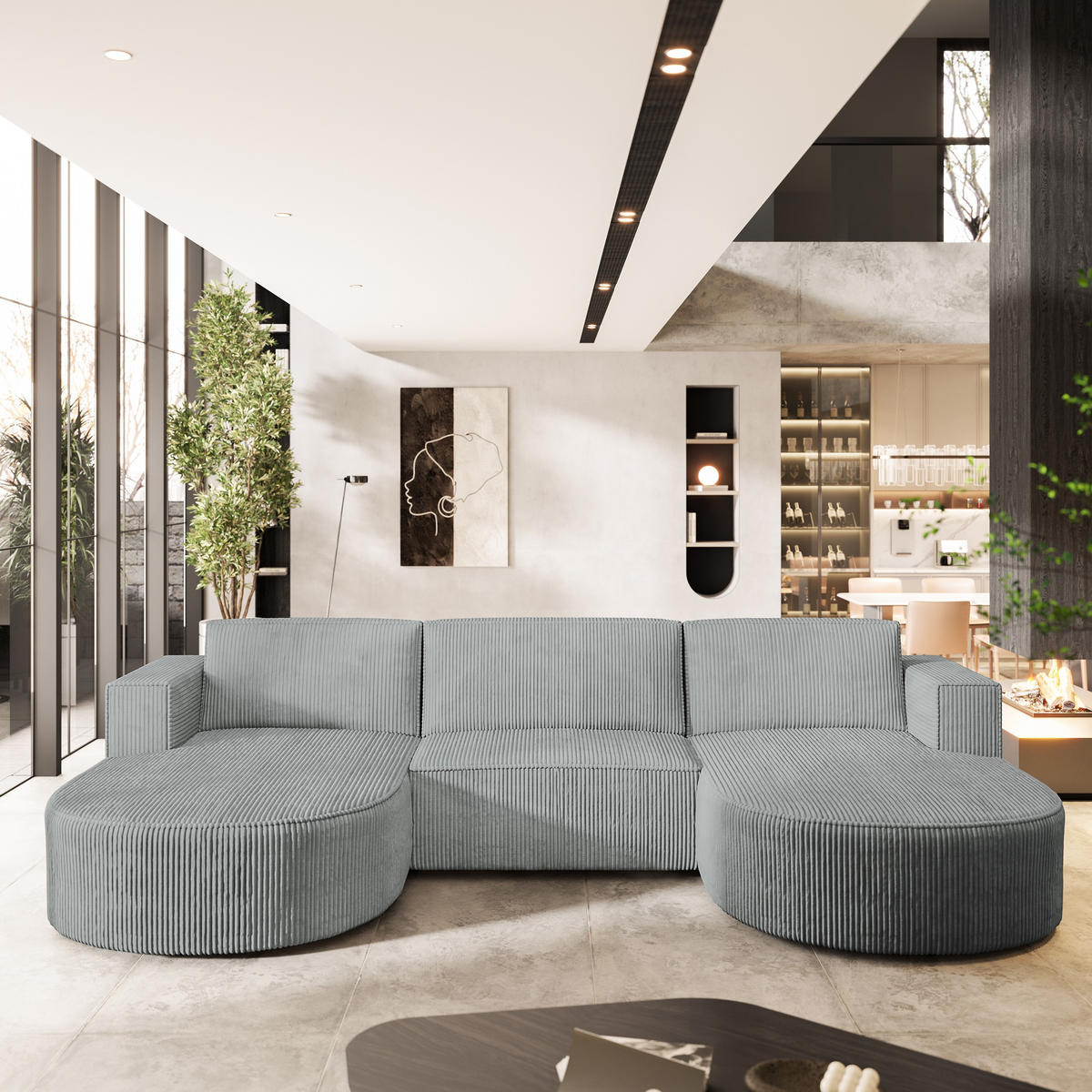 ROHOVÁ SEDAČKA VEZZO světle šedá - šedá/světle šedá, dřevo/textil (347/174cm) - MASSENO