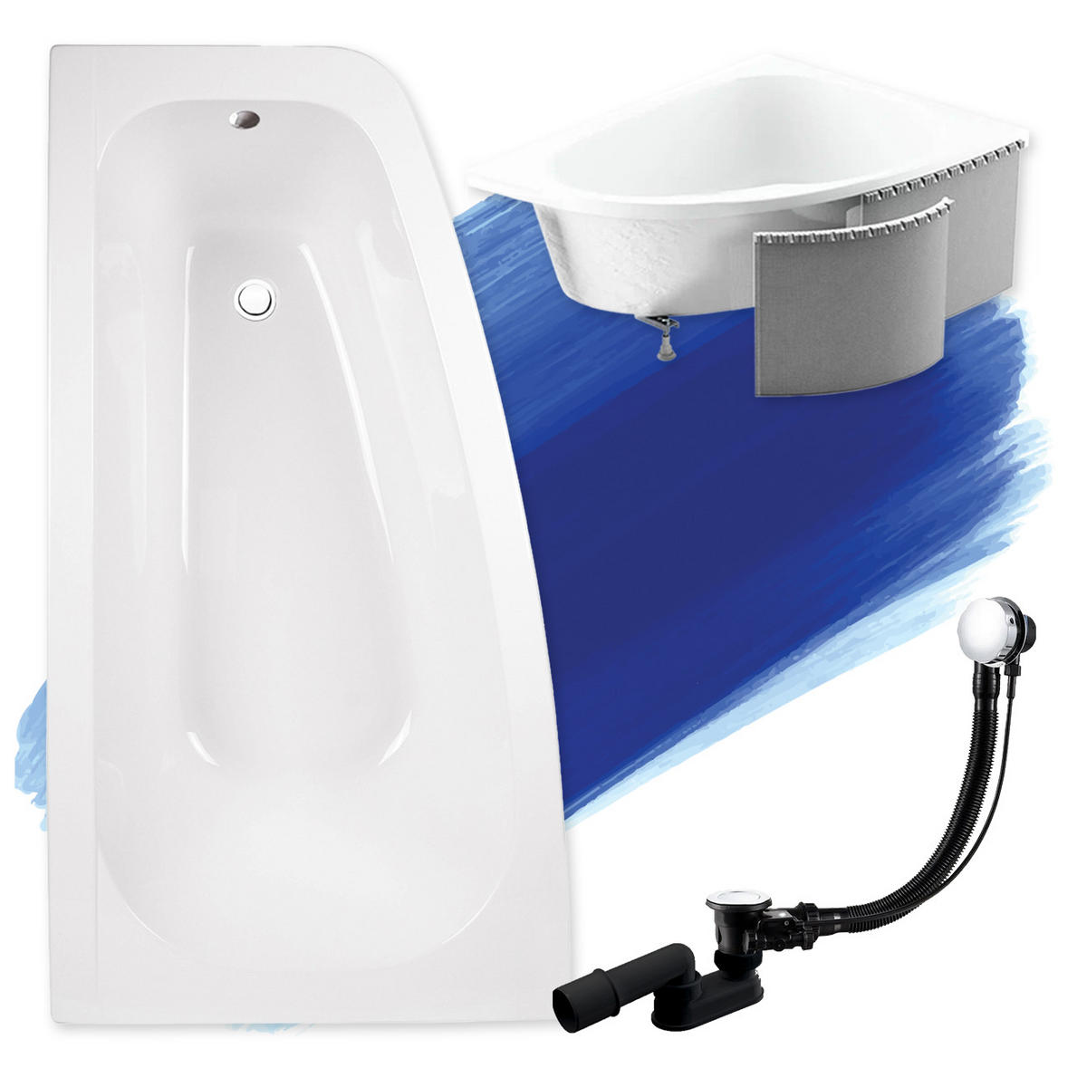 BADEWANNE Eckwanne LUNA 150/80 Links mit Styro Ablauf Füße - Weiß, Kunststoff (80/60.5/150cm) - bad land
