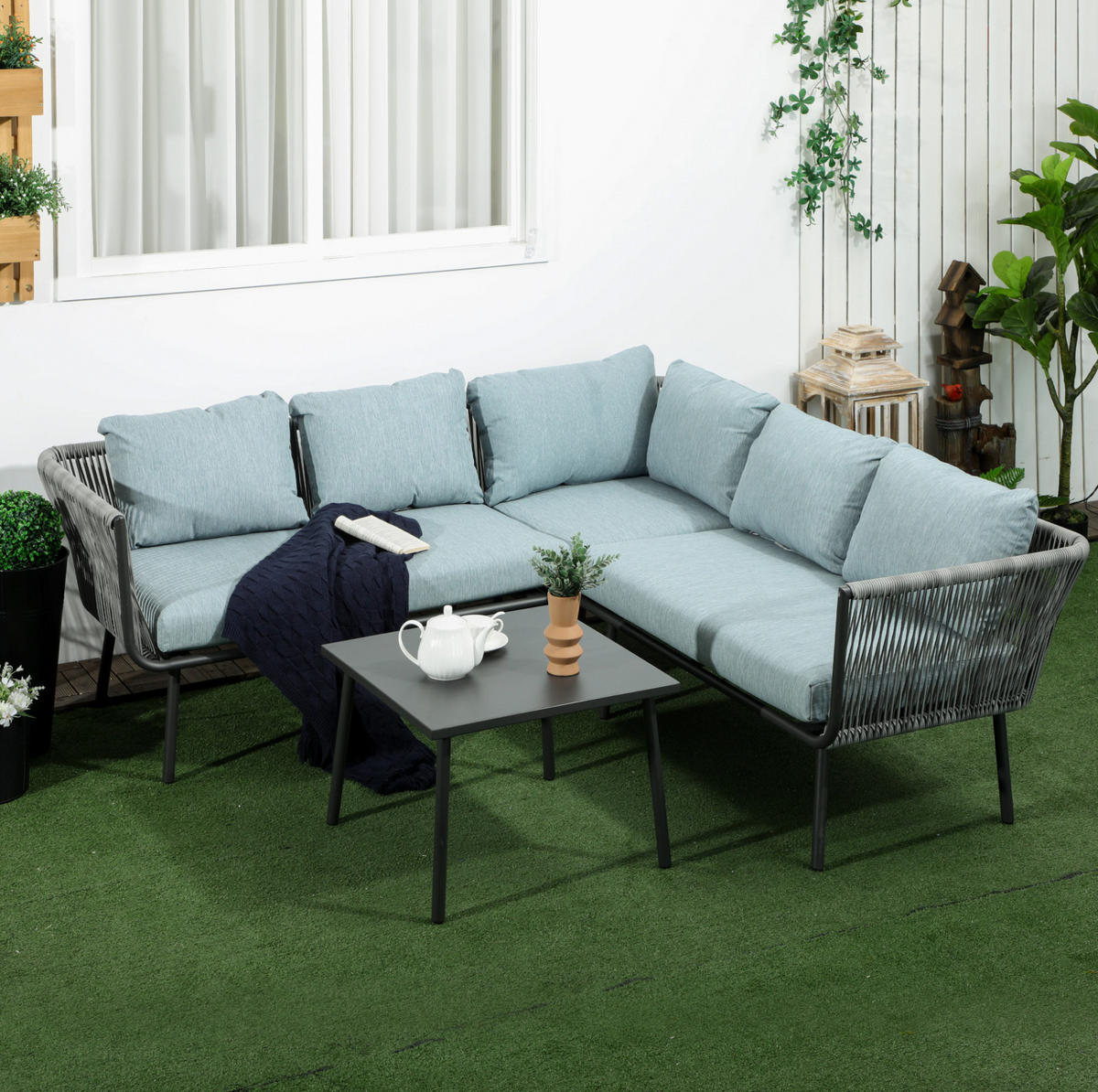 LOUNGE-SET 120/71/65 cm grau aus Aluminium mit Kissen und Tisch - Grau, Metall - OKWISH
