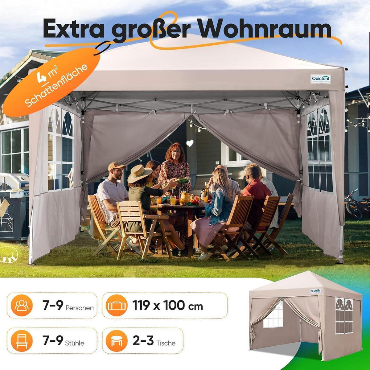 FALTPAVILLON 200 x 200 cm wasserdicht mit Seitenwänden UV-Schutz 50+ Beige - Beige, Textil (200/249/200cm)