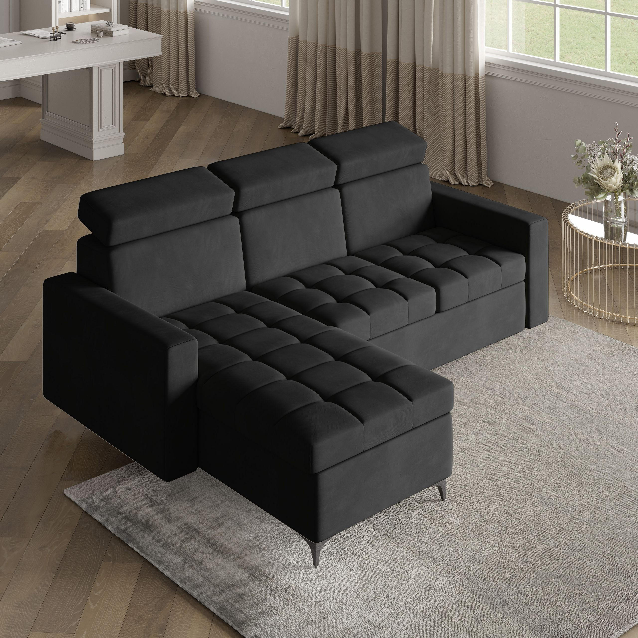 ECKSOFA KAME Schwarz Plüsch-Stoff mit Schlaffunktion - Schwarz, Holz (227/168cm) - MASSENO