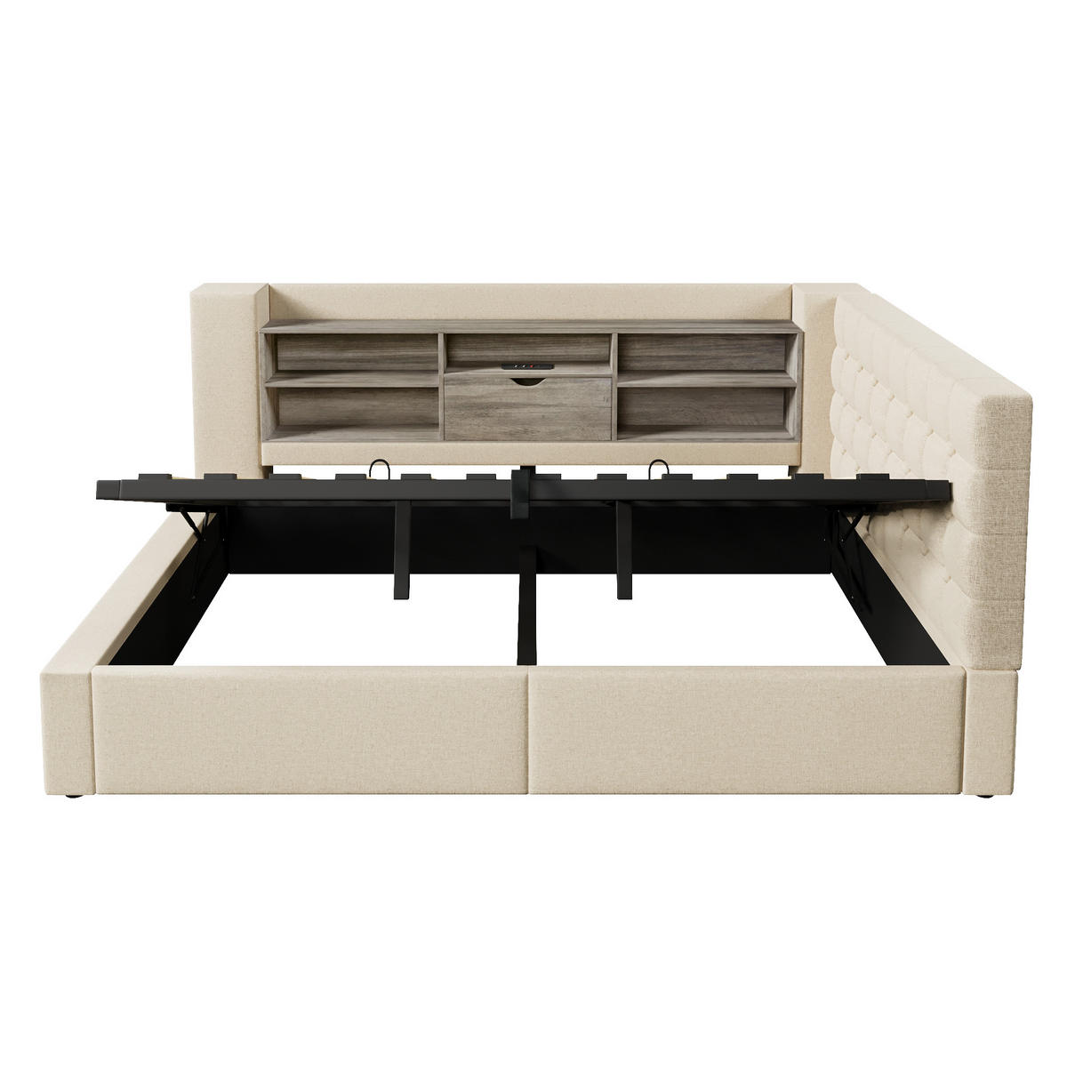 POLSTERBETT 140/200 cm mit LED-Beleuchtung, USB-Anschlüssen, hydraulischem Stauraum und flexiblem L-Kopfteil, Beige - Beige, Textil (140/200cm) - Redom