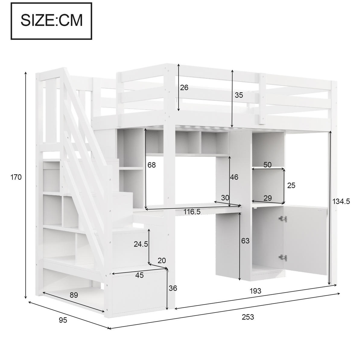 HOCHBETT 90x200cm Holz Schreibtisch LED Stauraum Weiß - Weiß, Holz (90/200cm) - FLIEKS