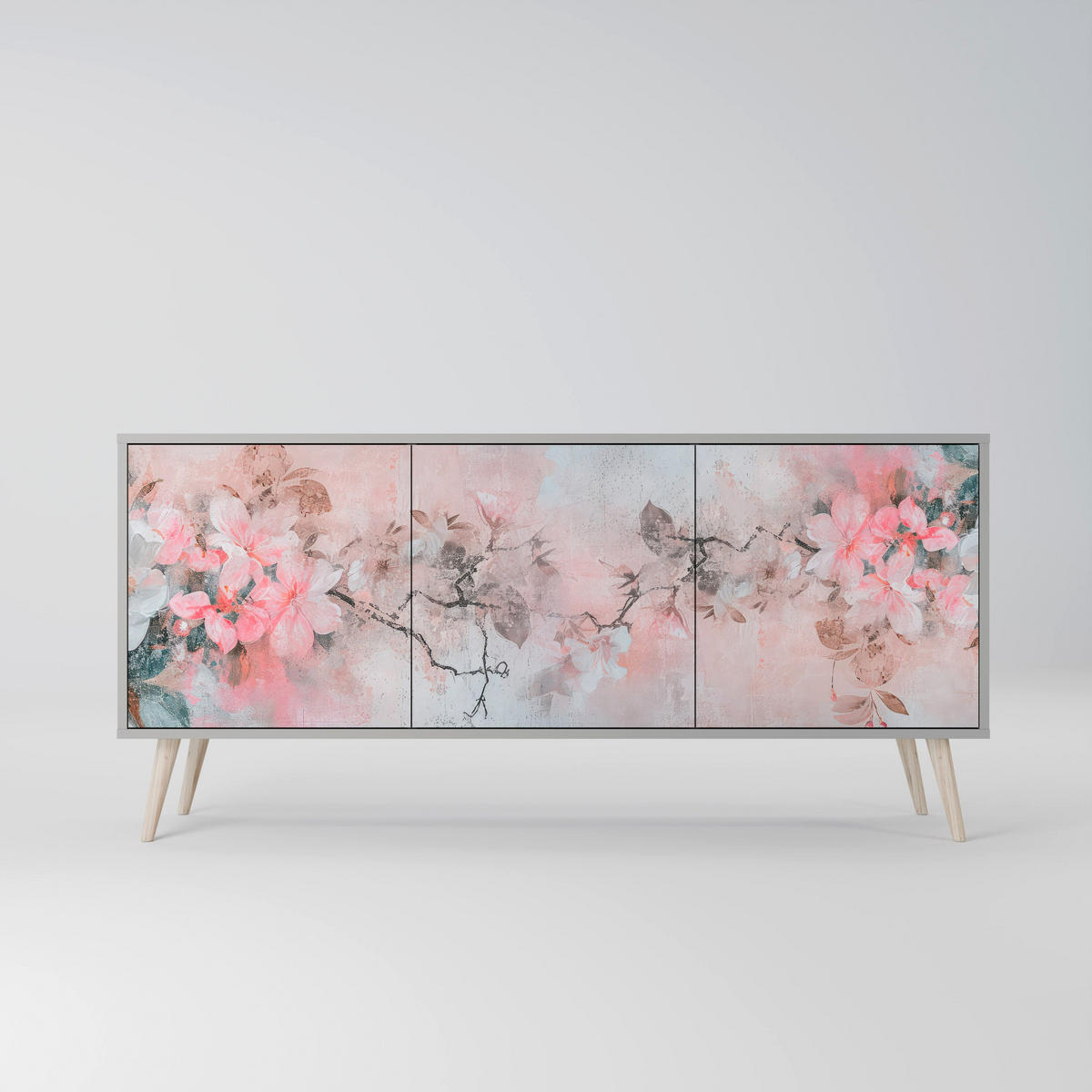 SIDEBOARD CHERRY BLOSSOM, Graue Oberfläche, 164,5x42x72,5 cm, 3 Türen - Schwarz/Grau, Holzwerkstoff/Metall (164.5/72.5/42cm) - SpaceRebels