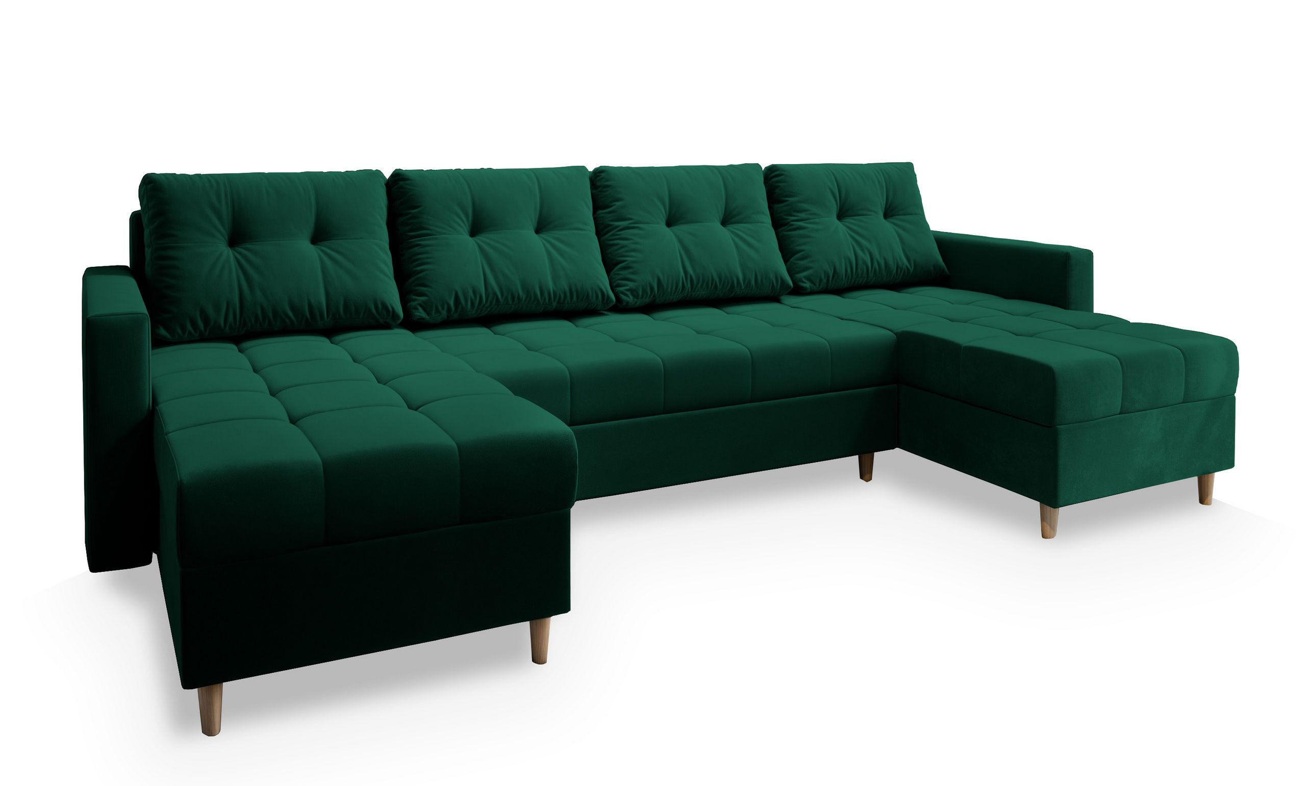 WOHNLANDSCHAFT MILO U Grün Plüsch-Stoff mit Schlaffunktion - Grün, Holz (285/91/140cm) - MASSENO