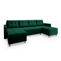 WOHNLANDSCHAFT MILO U Grün Plüsch-Stoff mit Schlaffunktion - Grün, Holz (285/91/140cm) - MASSENO