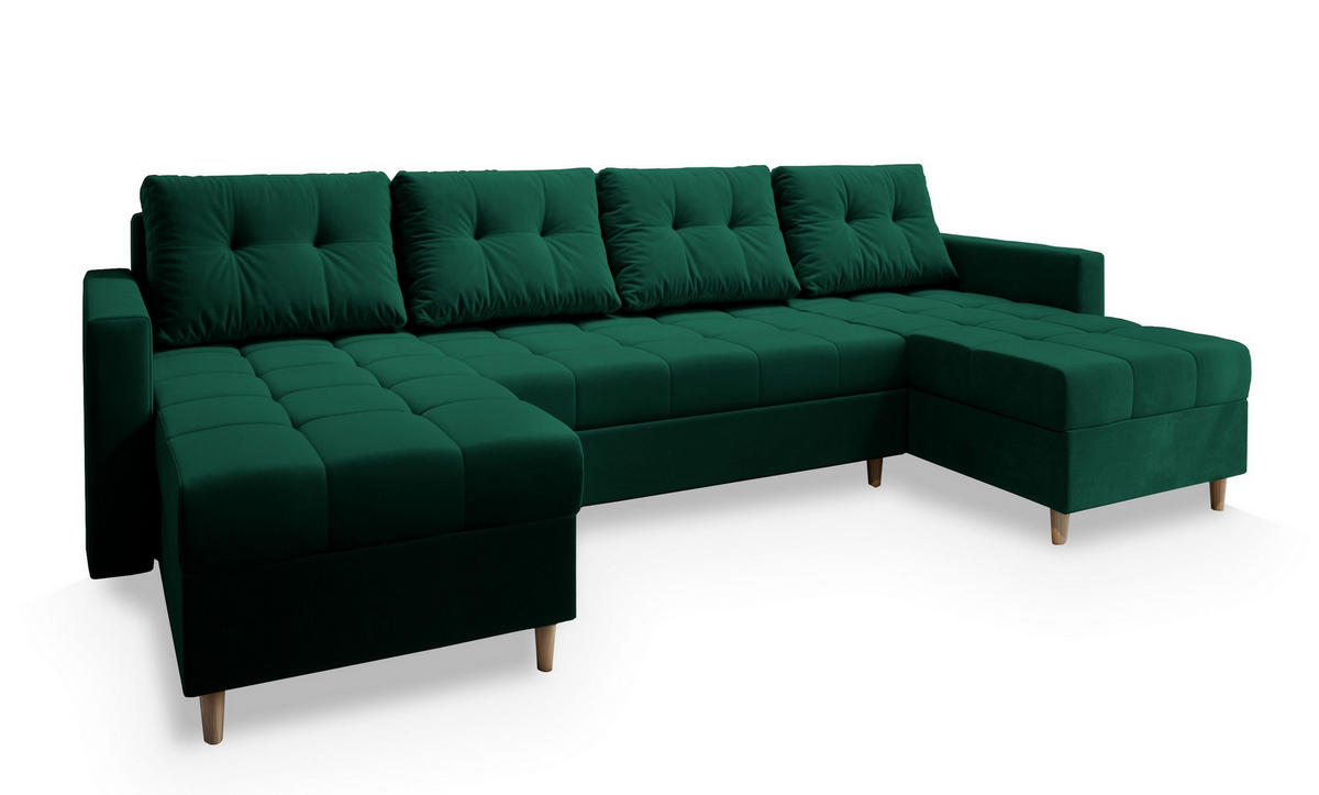 WOHNLANDSCHAFT MILO U Grün Plüsch-Stoff mit Schlaffunktion - Grün, Holz (285/91/140cm) - MASSENO