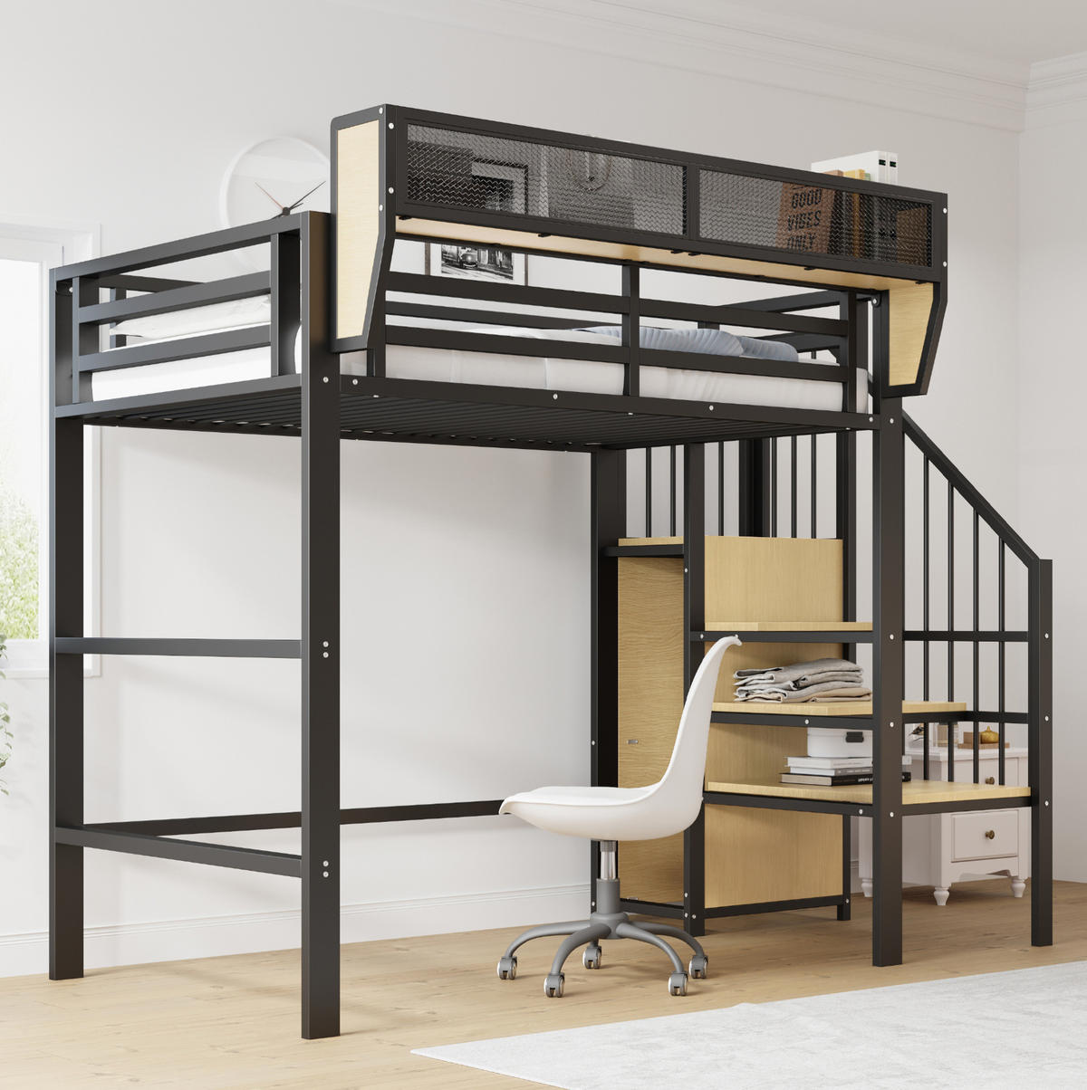 HOCHBETT 90/200 cm Schwarz aus Metall mit Sicherheitsleiter und Ablagefach - Schwarz, Metall (90/200cm) - OKWISH